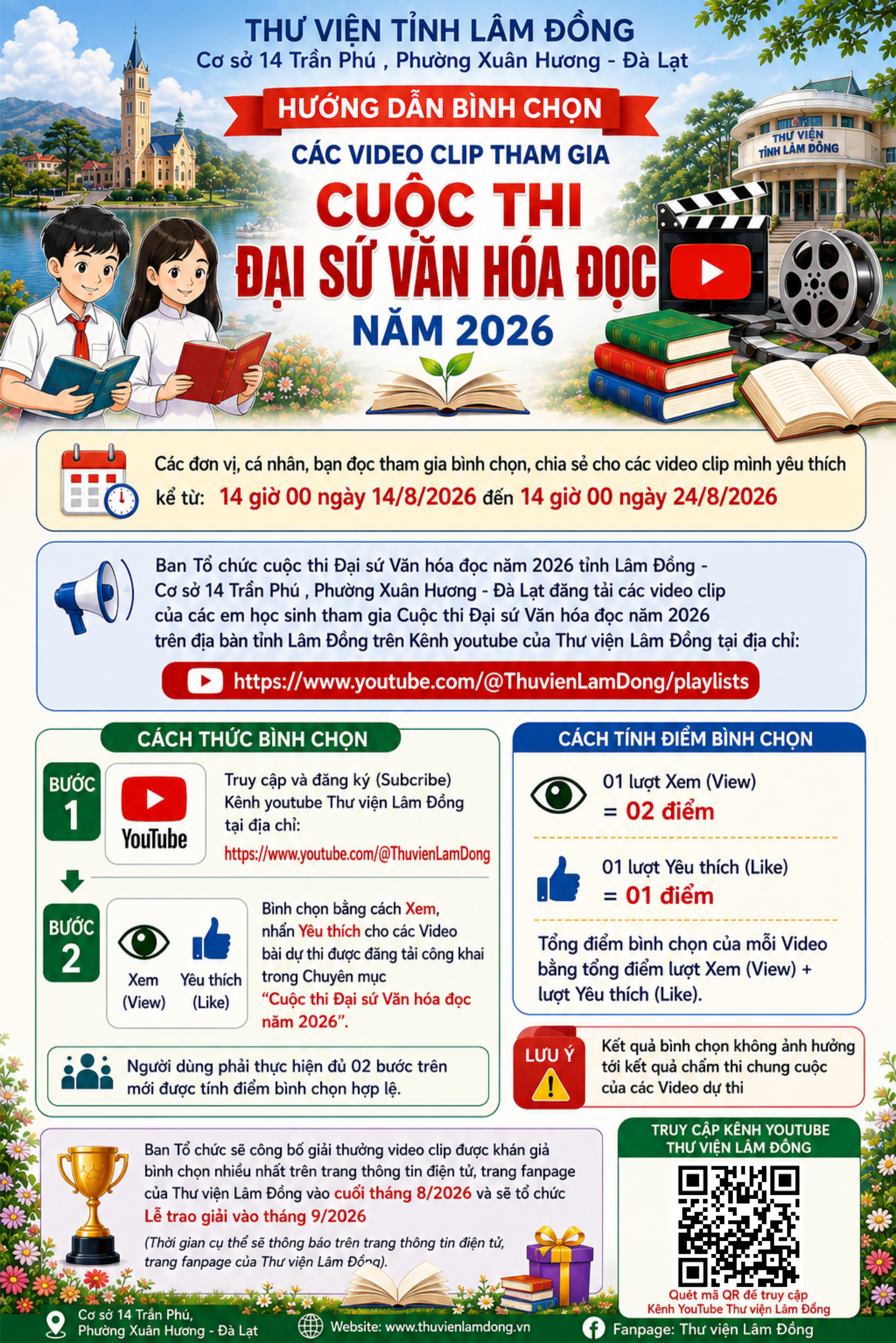 Hướng dẫn bình chọn các video clip tham gia cuộc thi Đại sứ văn hóa đọc năm 2026 trên địa bàn tỉnh Lâm Đồng
